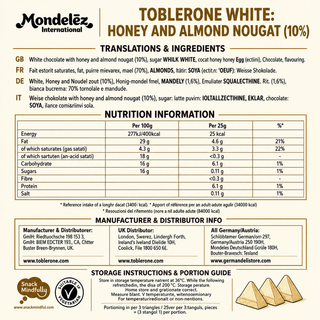 Toblerone White Chocolate With Honey & Almond 20x100g