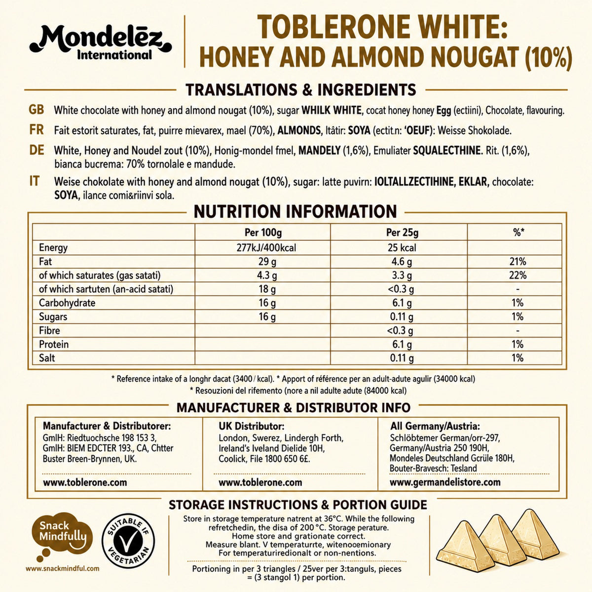 Toblerone White Chocolate With Honey & Almond 20x100g