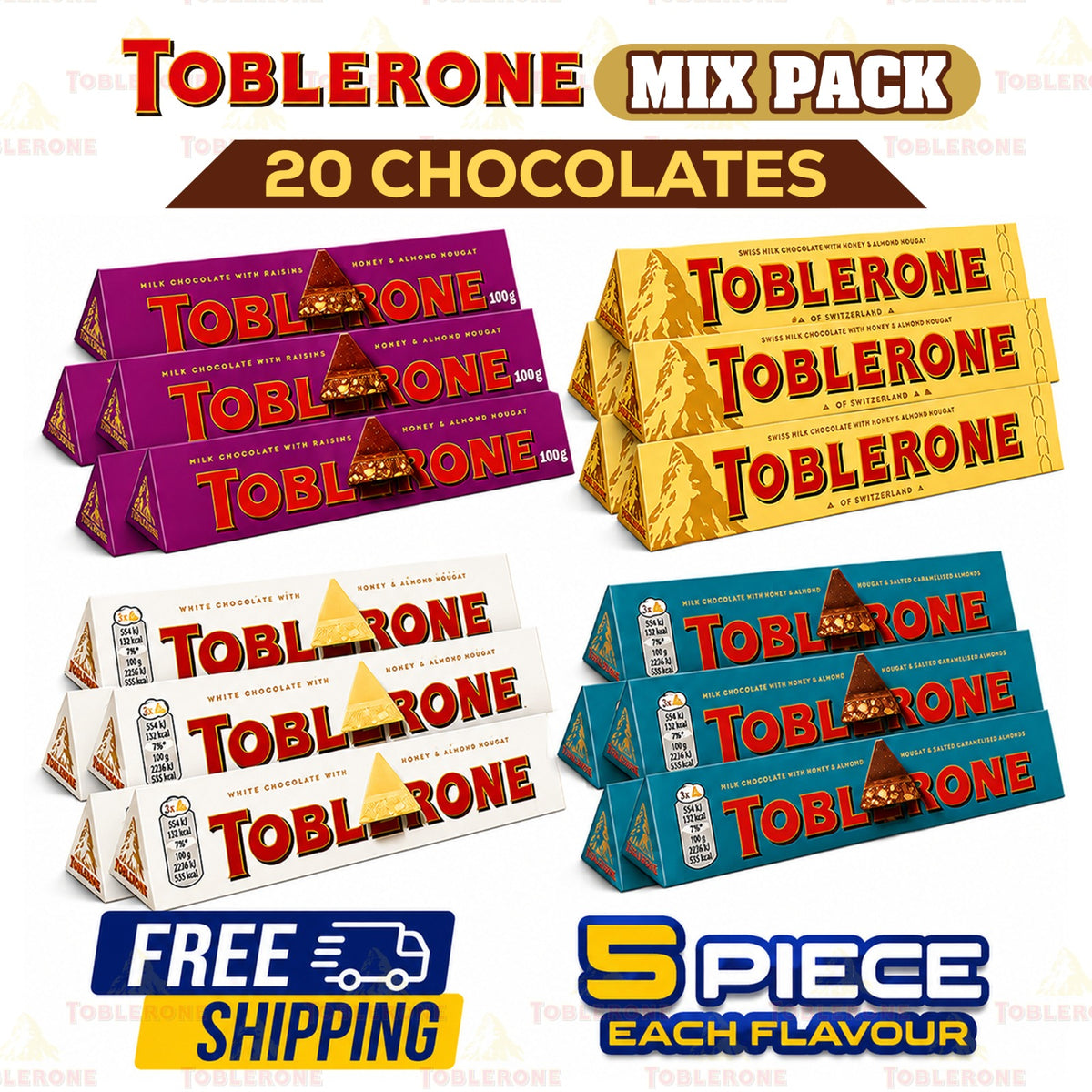 Toblerone Chocolate 4 Flavours | 20 Bars Bulk Pack | 5 Packs Each Flavour | Assorted Swiss Chocolate | FREE SHIPPING