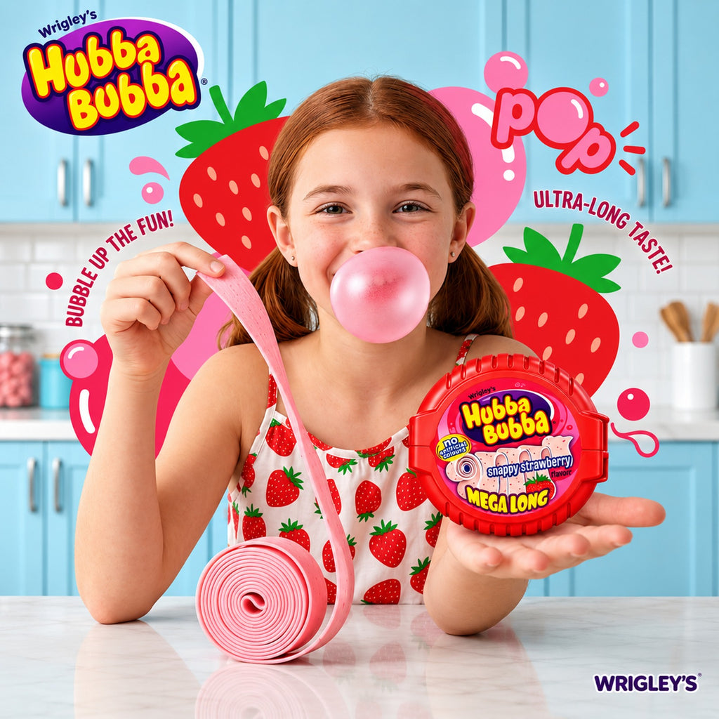 Hubba Bubba Snappy Strawberry Chewing Gum Mega Long Tape Bulk, 12 Packs