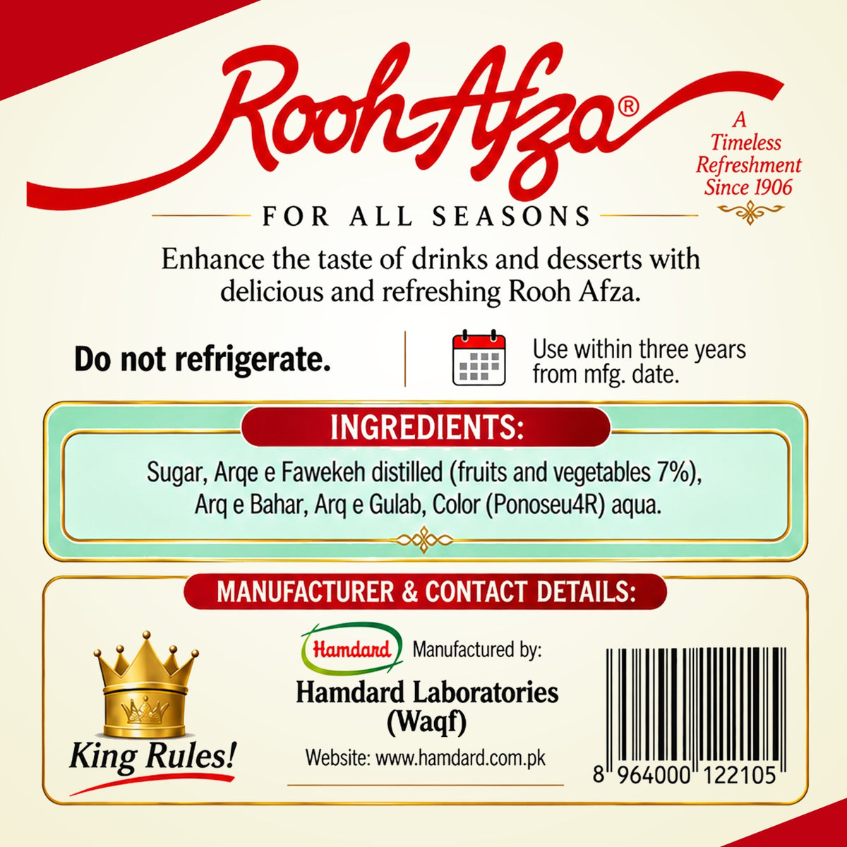 Rooh Afza Sharbat Syrup Drink 12 x 800ml | Rose Flavoured Summer Juice Concentrate