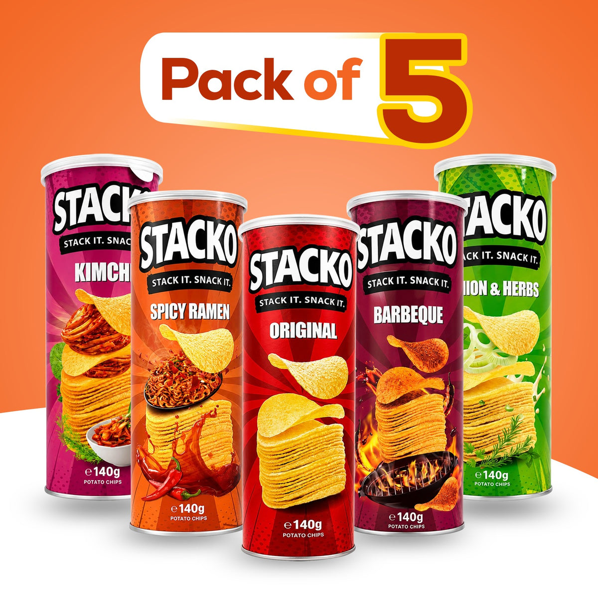 STACKO Mixed Flavour Potato Chips – Multipack of 15 (140g Each)