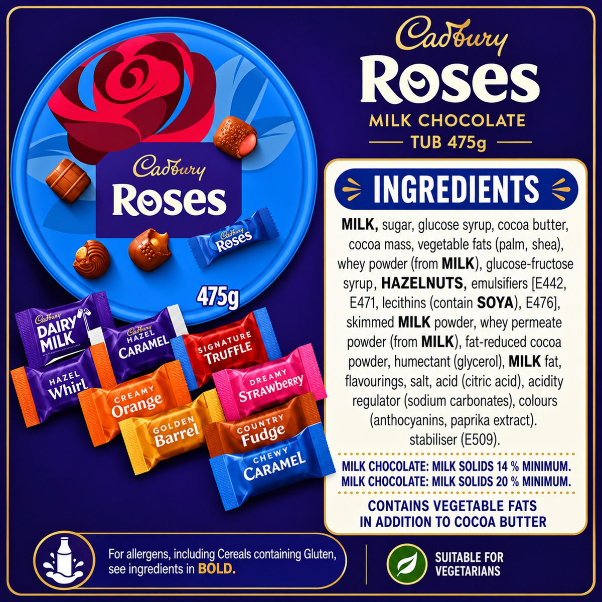 Cadbury Roses Chocolate Tub 475g – Single Tub or Pack of 2 | Assorted Milk Chocolates Sharing Gift Box