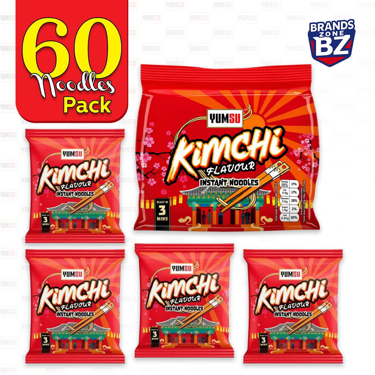 Yumsu Kimchi Flavour Instant Noodles Assorted Packs 15 x 280g (4 packs in 1 )