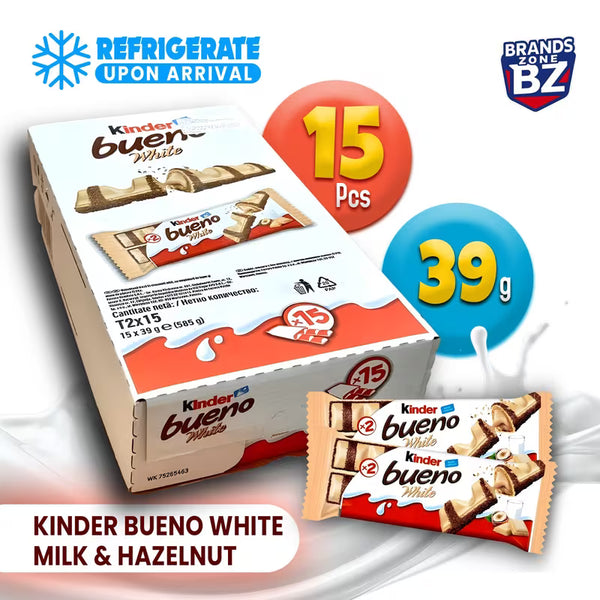 Kinder Bueno White Chocolate Bars – 15 × 39g Multipack | Hazelnut Cream & Crispy Wafer | Individually Wrapped | Bulk Value Share Pack (585g)