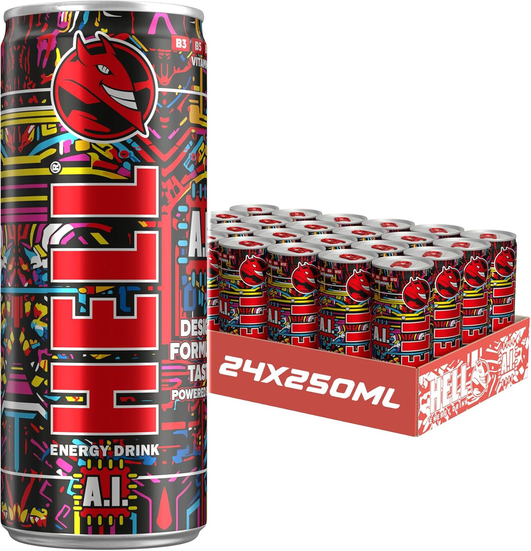 Hell Energy A.I. Smart Energy Drink – 24 x 250ml Cans | Caffeine, L-Carnitine & Ginseng | Intelligent Energy Boost with Bold Flavour