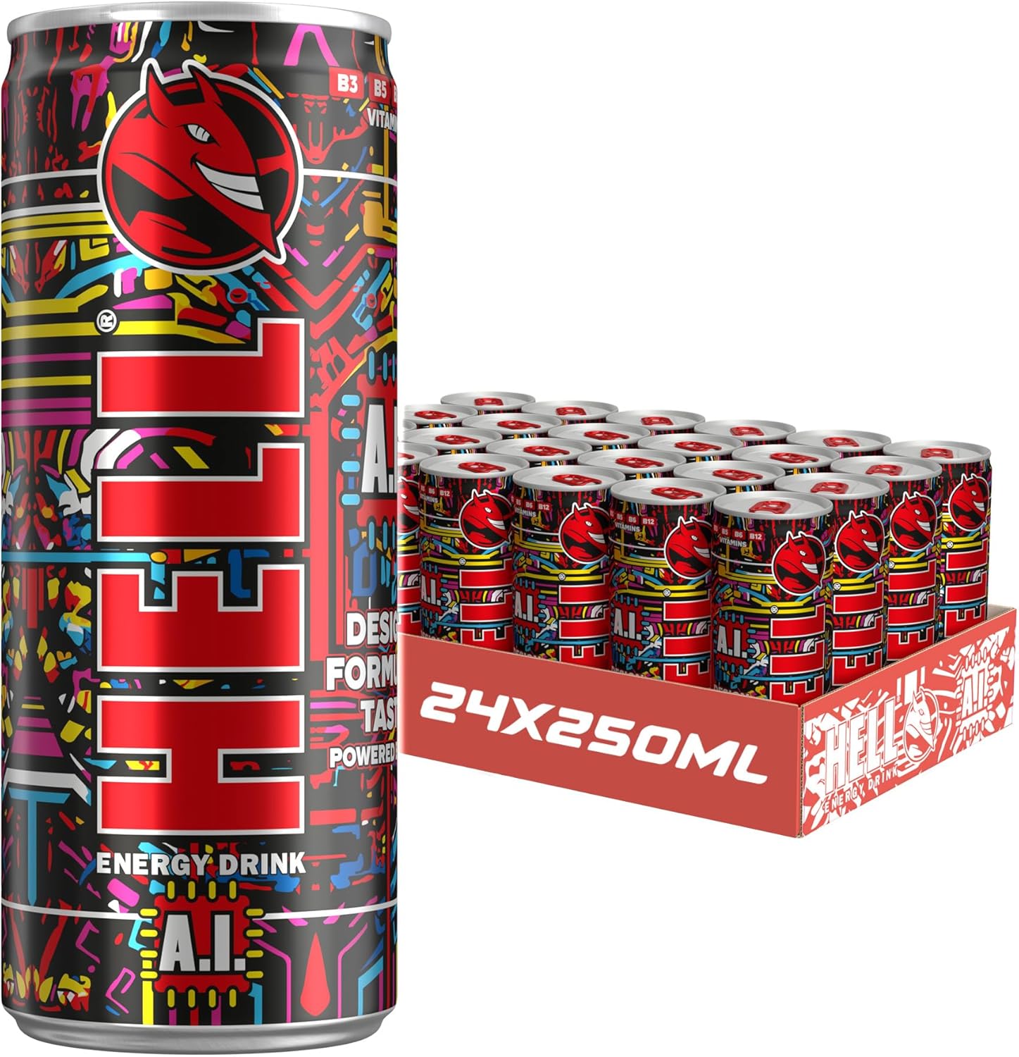Hell Energy A.I. Smart Energy Drink – 24 x 250ml Cans | Caffeine, L-Carnitine & Ginseng | Intelligent Energy Boost with Bold Flavour