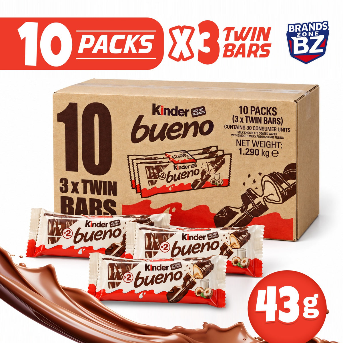 Kinder Bueno Milk Chocolate – 3 x Twin Bars, 10 Packs (30 Bars)