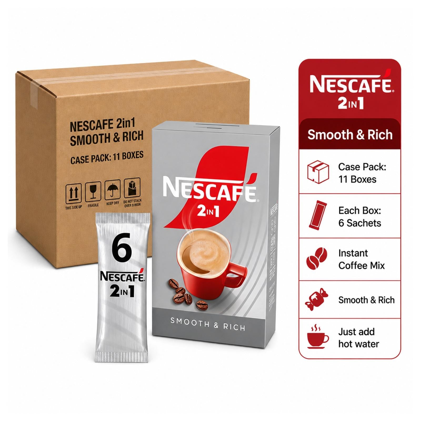 Nescafé 2in1 & 3in1 Instant Coffee | Original, Caramel & Smooth Rich Flavours | 11 x 6 Sachets