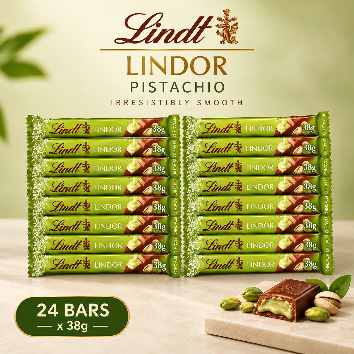 Lindt Milk Chocolate with Smooth Melting Pistachio Filling – 24 × 38g Bars