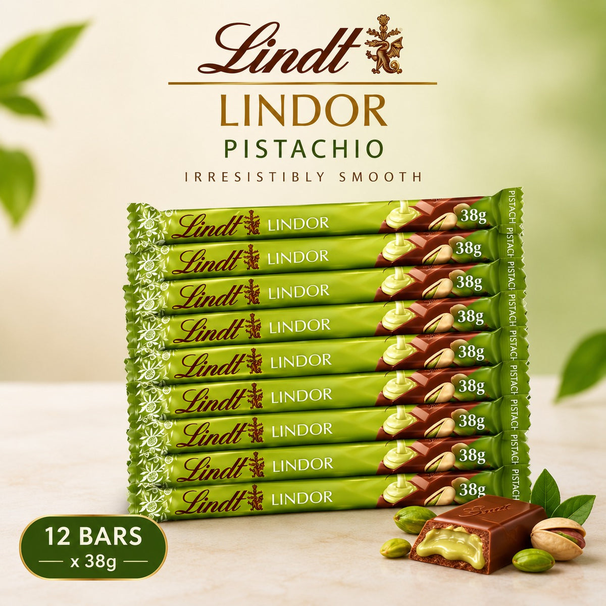 Lindt Milk Chocolate with Smooth Melting Pistachio Filling – 24 × 38g Bars