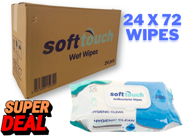 Soft Touch Antibacterial Wipes 24 x 72 Wipes | Gentle, Quick-Drying & Durable | Everyday Hygiene for Home, Office, School & Travel | Resealable Flip-Top Pack