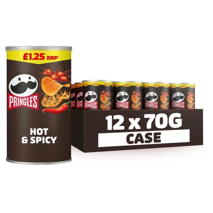 Pringles Hot & Spicy Crisps 12 x 70g | PM £1.25 Price Marked Pack | Sharing Tubes