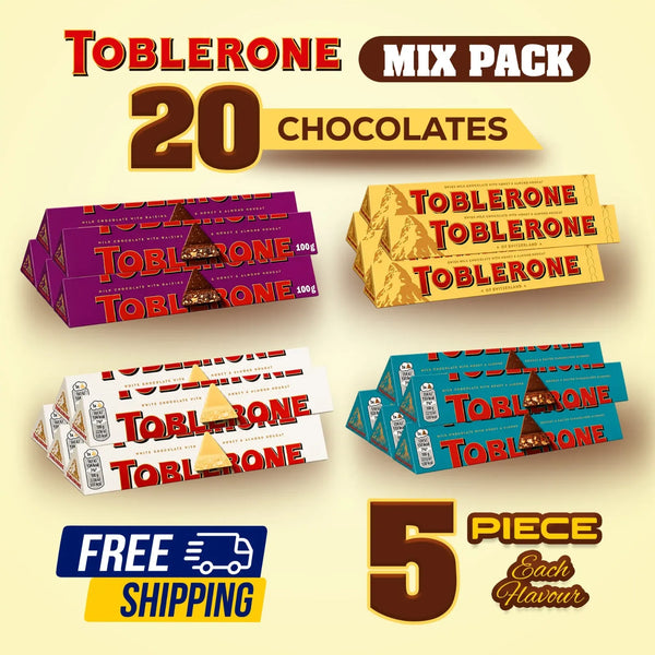 Toblerone Chocolate 4 Flavours | 20 Bars Bulk Pack | 5 Packs Each Flavour | Assorted Swiss Chocolate | FREE SHIPPING