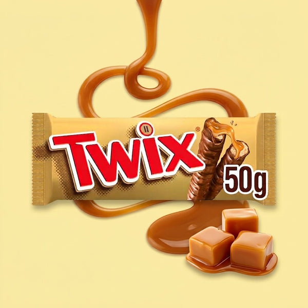 Twix Chocolate Bars 25 x 50g 2 Fingers of Crunchy Biscuit Caramel Milk Chocolate Bulk Pack for Sharing Snacking Dessert Cookie Crispy Chewy Goodness Individually Wrapped